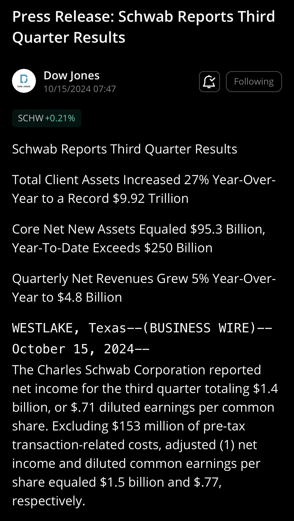 Press Release: Schwab Reports Third Quarter Results.