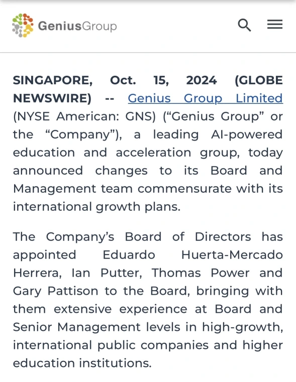 “Genius Group Restructures Board with Four New Appointees”