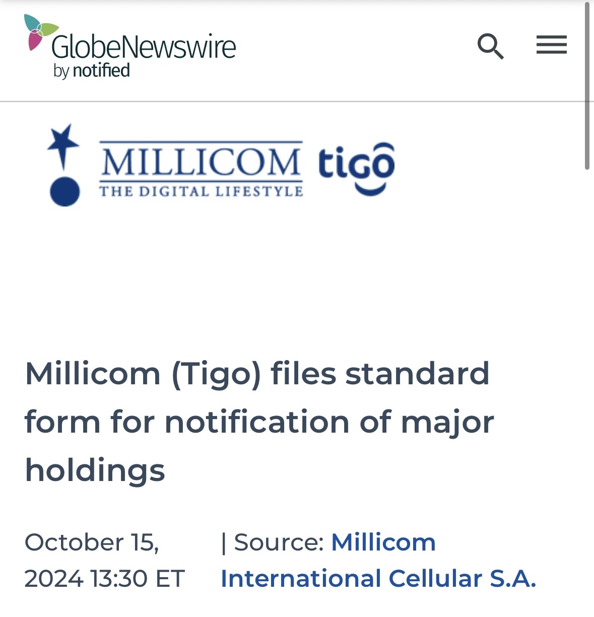 $Millicom International Cellular (TIGO.US)$