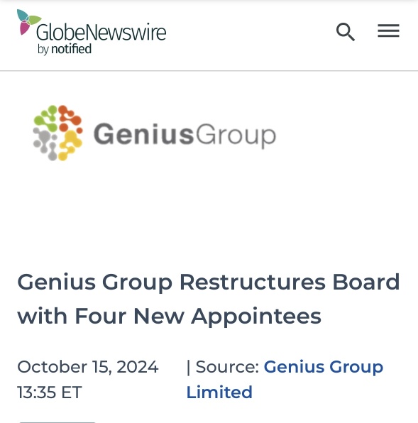 “Genius Group Restructures Board with Four New Appointees”