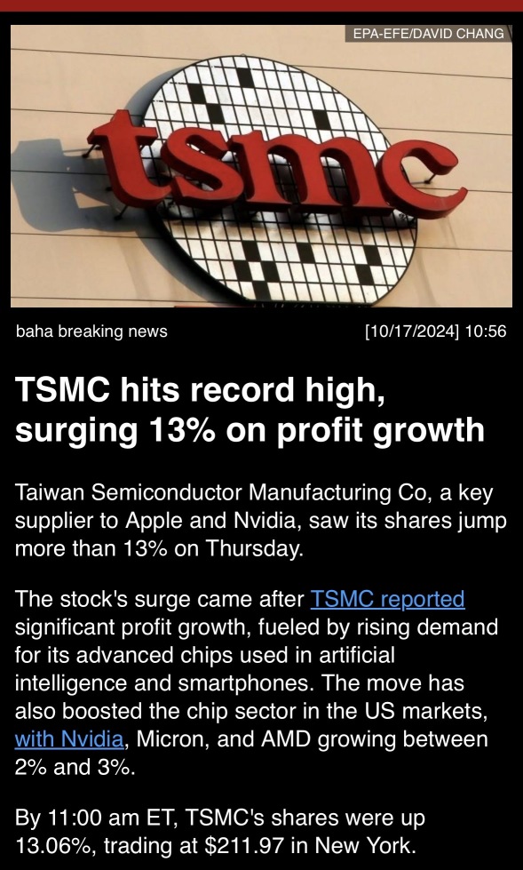 TSMC hits record high surging 13% on profit growth.