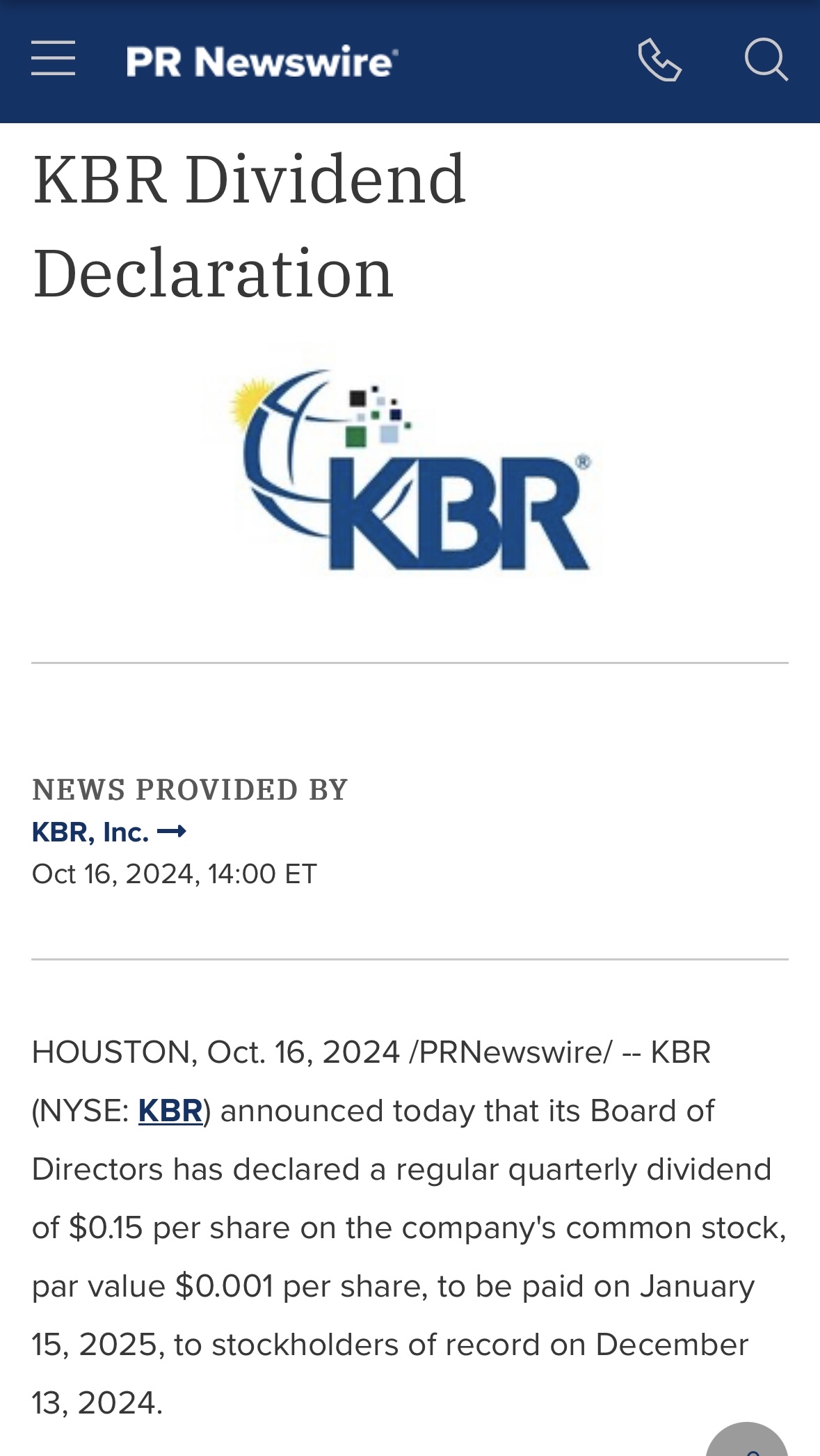 KBR Dividend Declaration