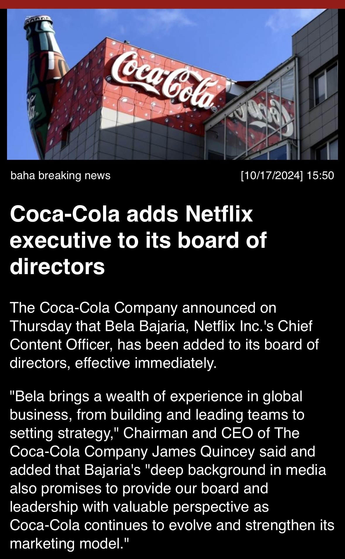 Coca-Cola adds Netflix executive to its board of directors.