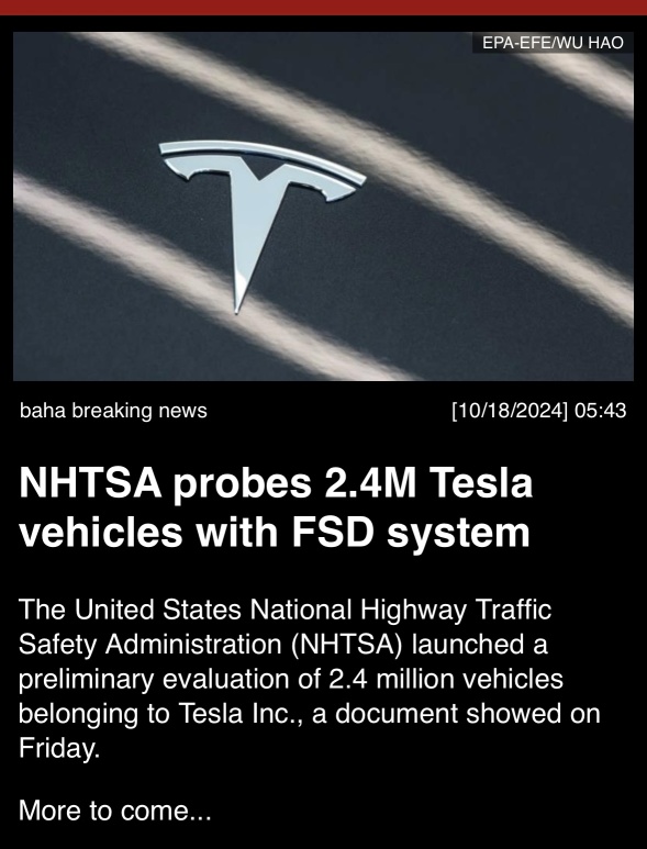 NHTSA probes 2.4M Tesla vehicles with FSD system.