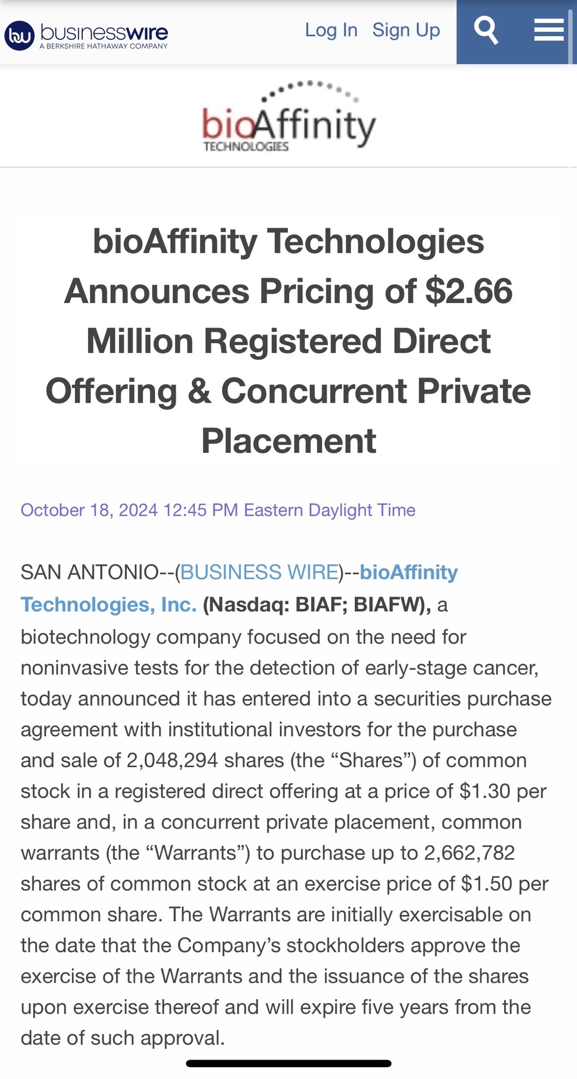 $bioAffinity Technologies (BIAF.US)$