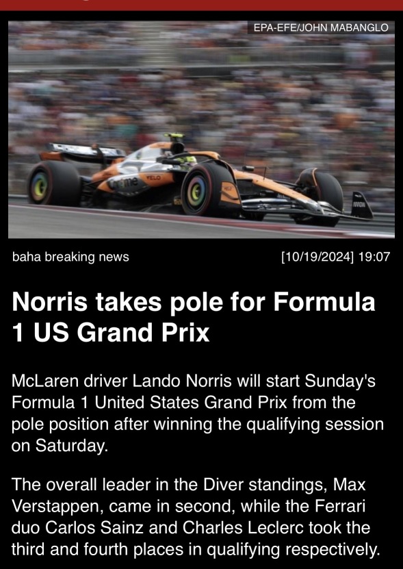 Norris takes pole for Formula 1 U.S. Grand Prix.