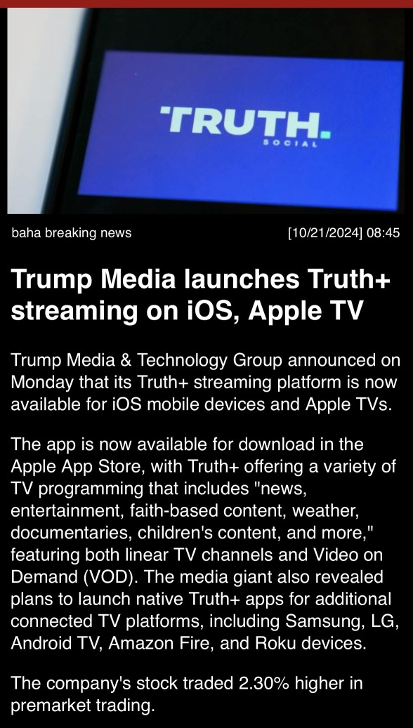 Trump media launches Truth+streaming on IOS, Apple TV