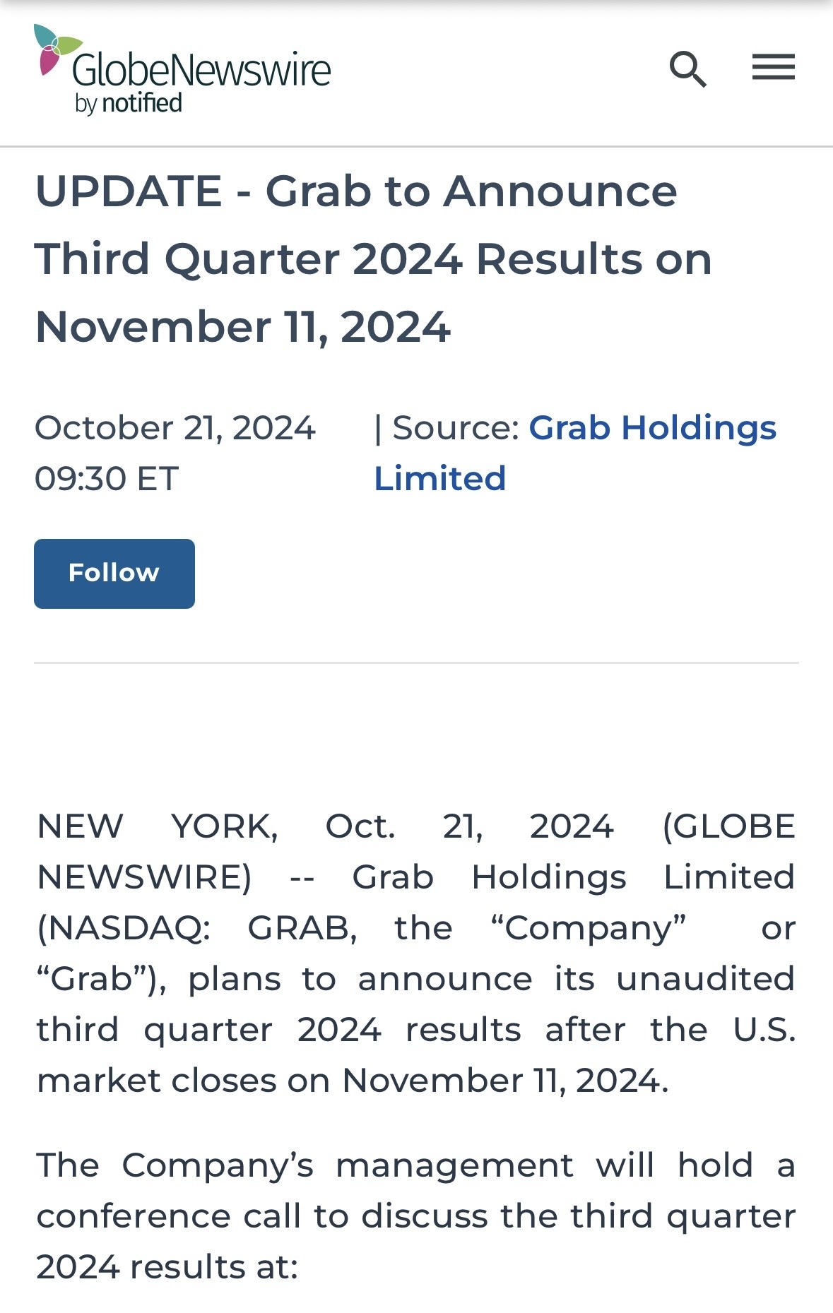 GRAB, Update. 11th not the 12th for 3_Q results 🚨 🚨 🚨