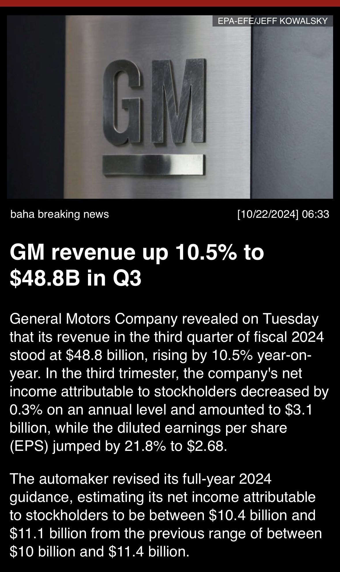 GM revenue up 10.5% to $48.8B in Q3