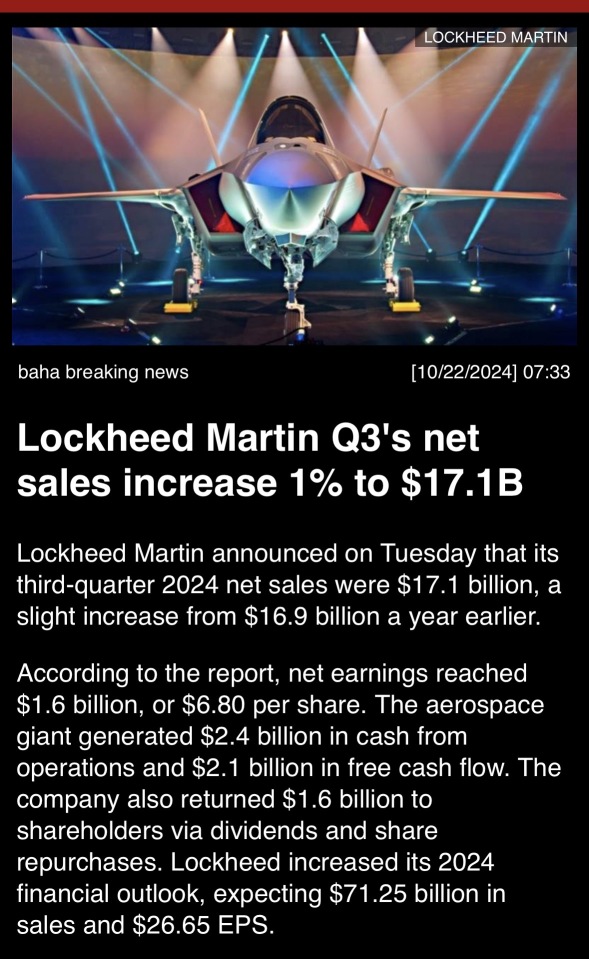 Lockheed Martin Q3’s net sales increase 1% to 17.1B