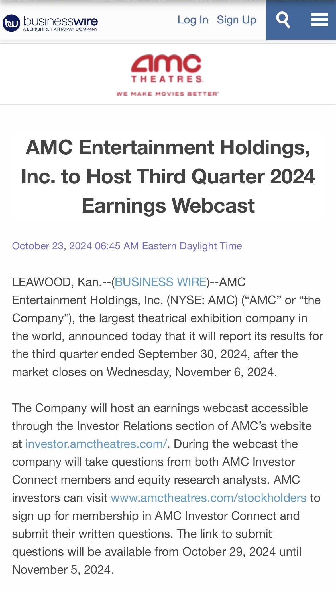 $AMCエンターテインメント クラスA (AMC.US)$