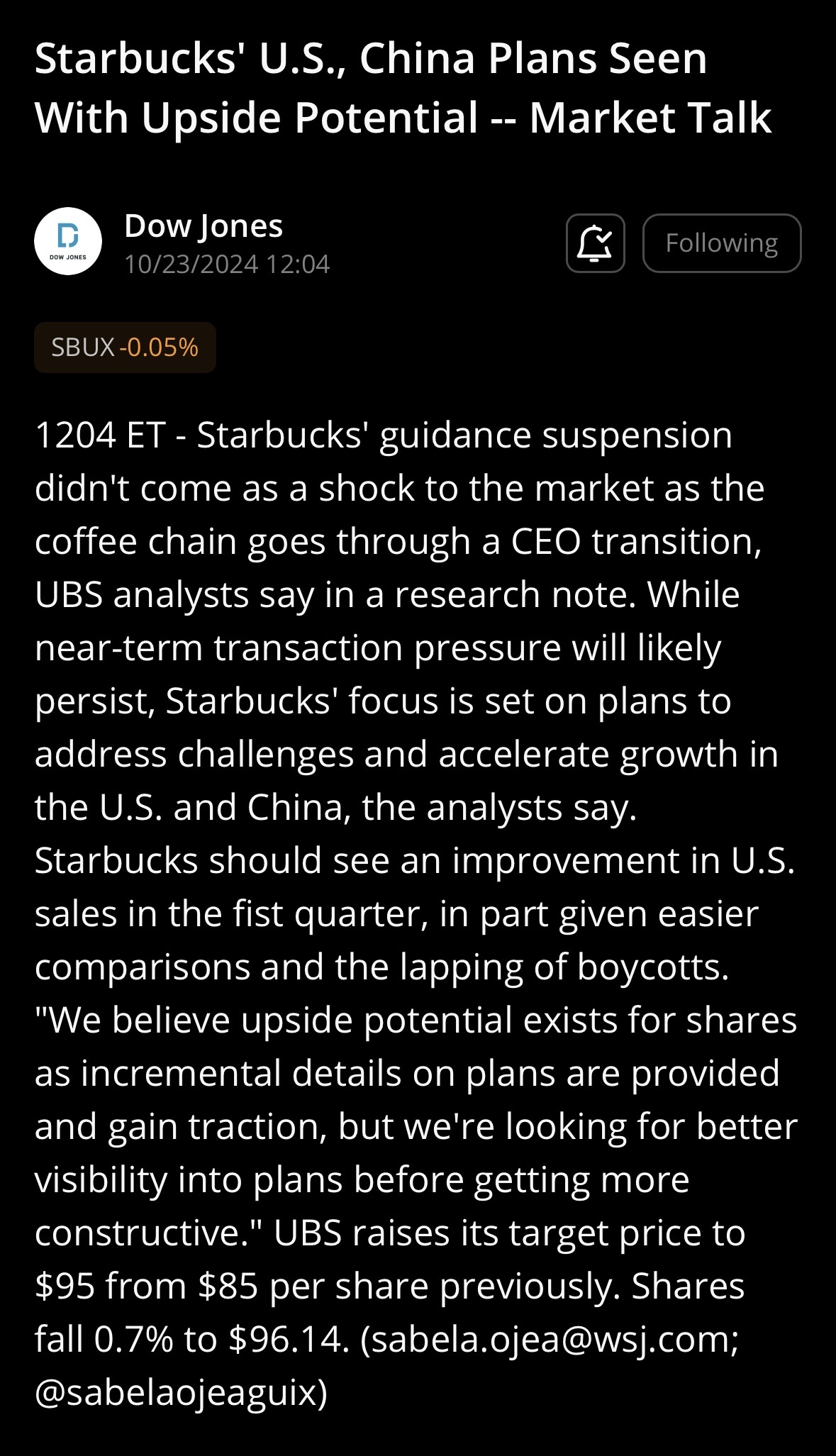 Starbucks’ U.S., China Plans Seen With Upside Potential- -