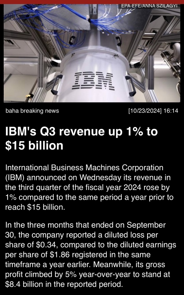 IBM’s Q3 revenue up 1% to $15 billion.