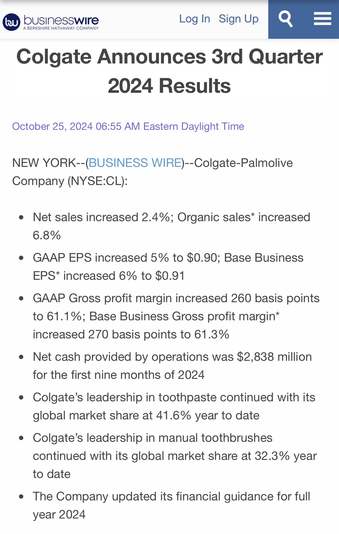 Colgate Announces 3rd Quarter 2024 Results.