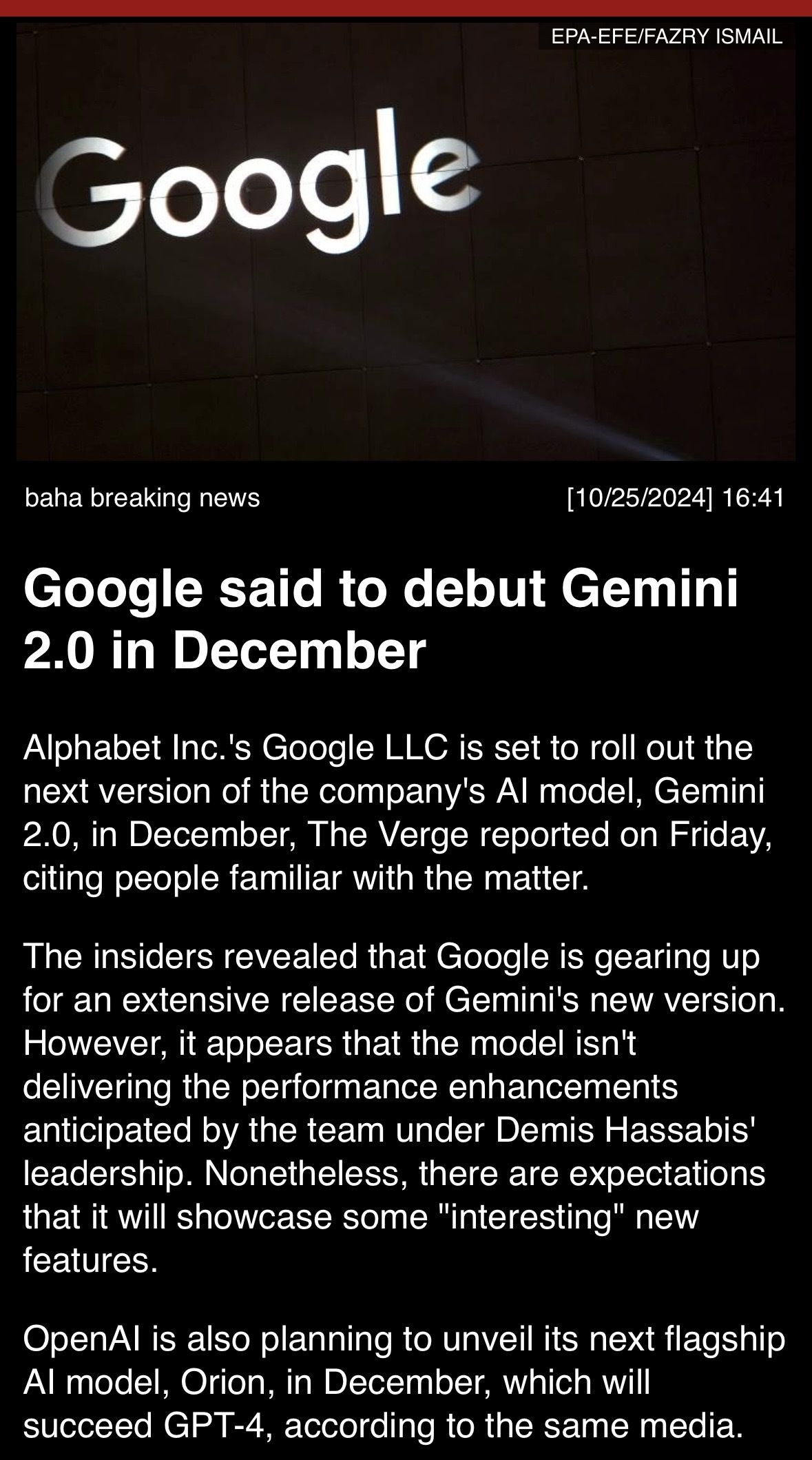 Google said to debut Gemini 2.0 in December.