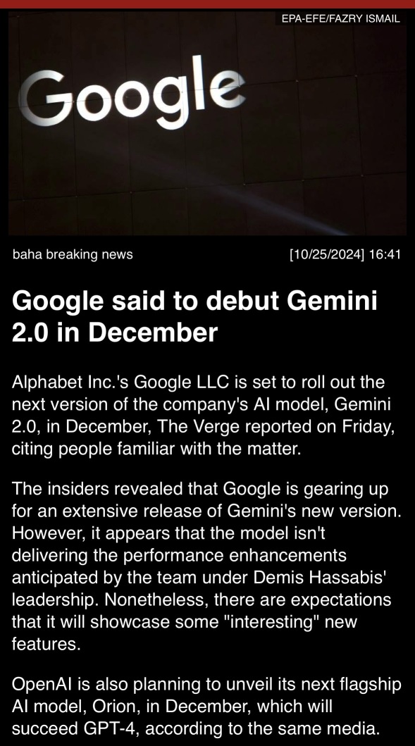 Googleは12月にGemini 2.0をデビューすると述べた。