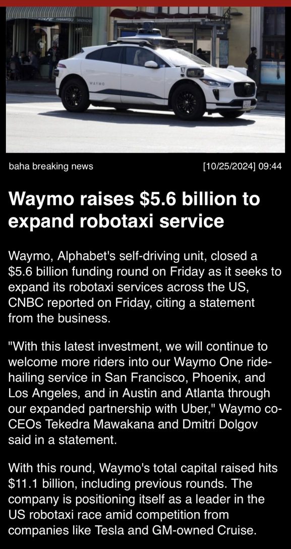 Waymo raises $5.6 billion to expand robotaxi service.