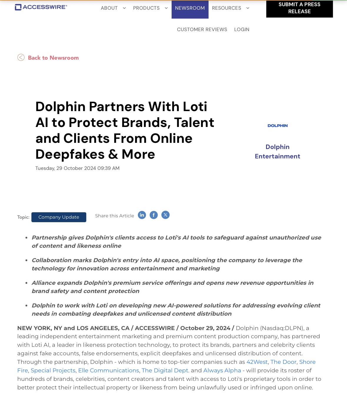 Dolphin Partners With Loti AI to Protect Brands, Talent and Clients From Online Deepfakes & More.