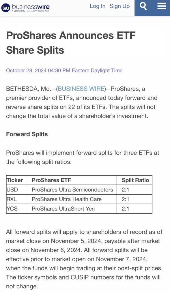 Pro Shares Announces ETF Share Splits….🚨