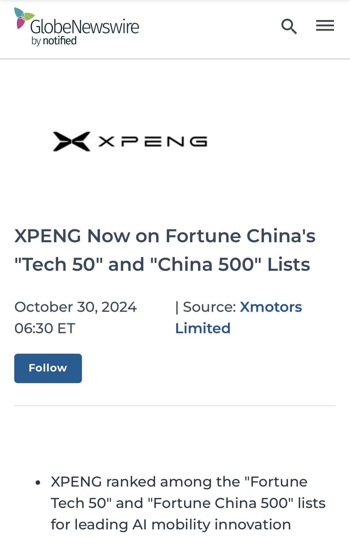 XPENG Now on Fortune China’s “Tech 50” and “China 500” Lists”