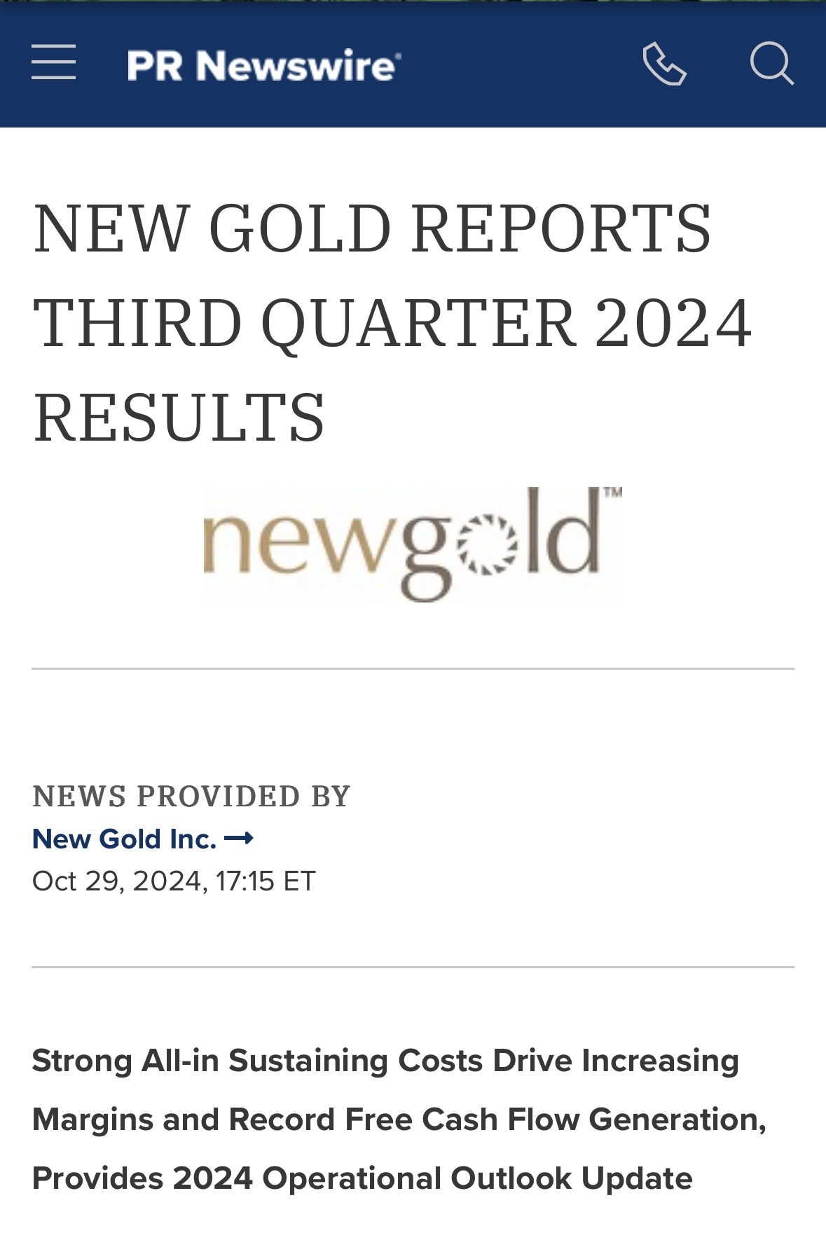 “NEW GOLD REPORTS THIRD QUARTER 2024 RESULTS”