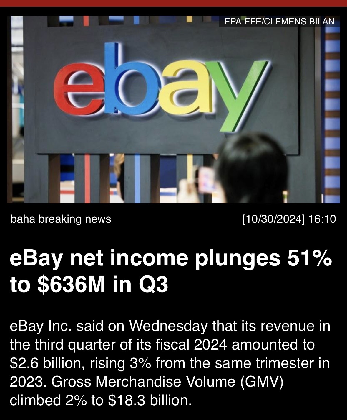 🎃 ebay净利润在第三季度暴跌51%，降至63600万美元。 👻