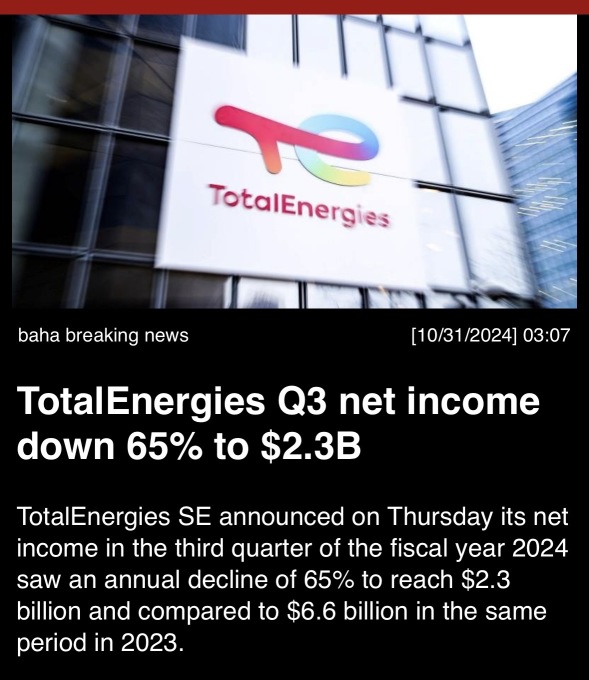 TotalEnergies第三季度净利润下降65%，为23亿美元