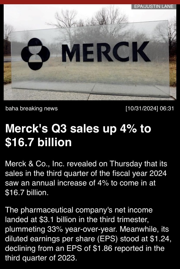 Merck第三季度销售额增长4％，达到167亿美元 🍬 🍬 🍬