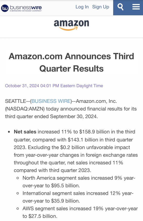 アマゾンドットコムは第三四半期の業績を発表しました。