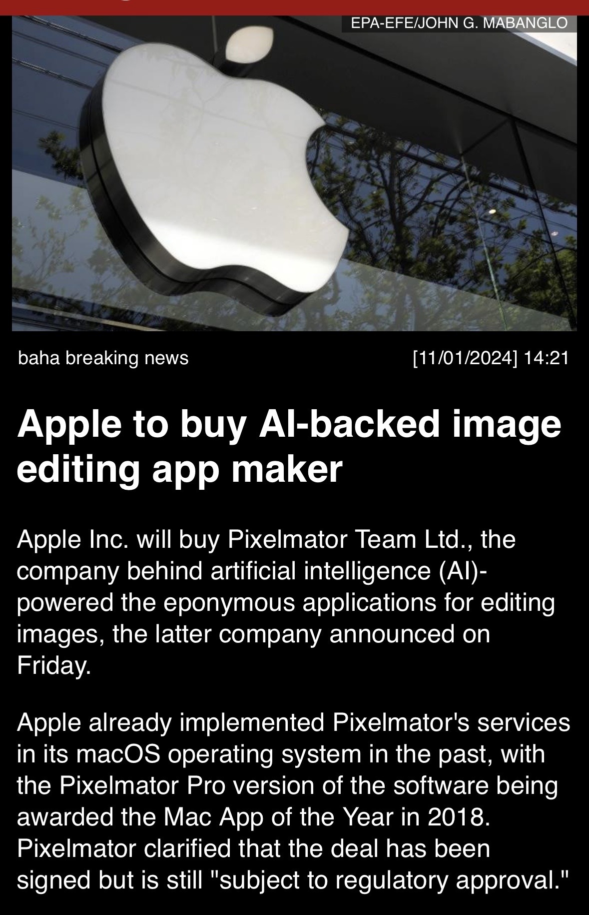 Apple to buy AI-backed image editing app maker.