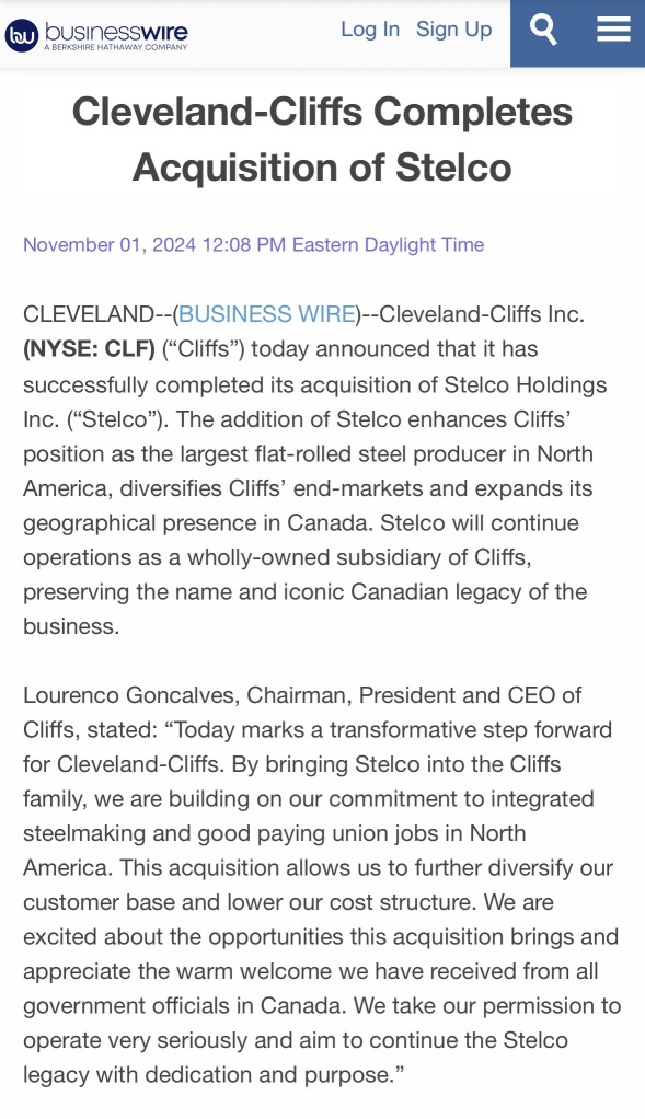 Cleveland-Cliffs Completes Acquisition of Stelco.