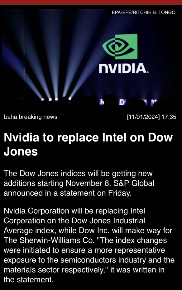 Nvidia to replace Intel on Dow Jones….