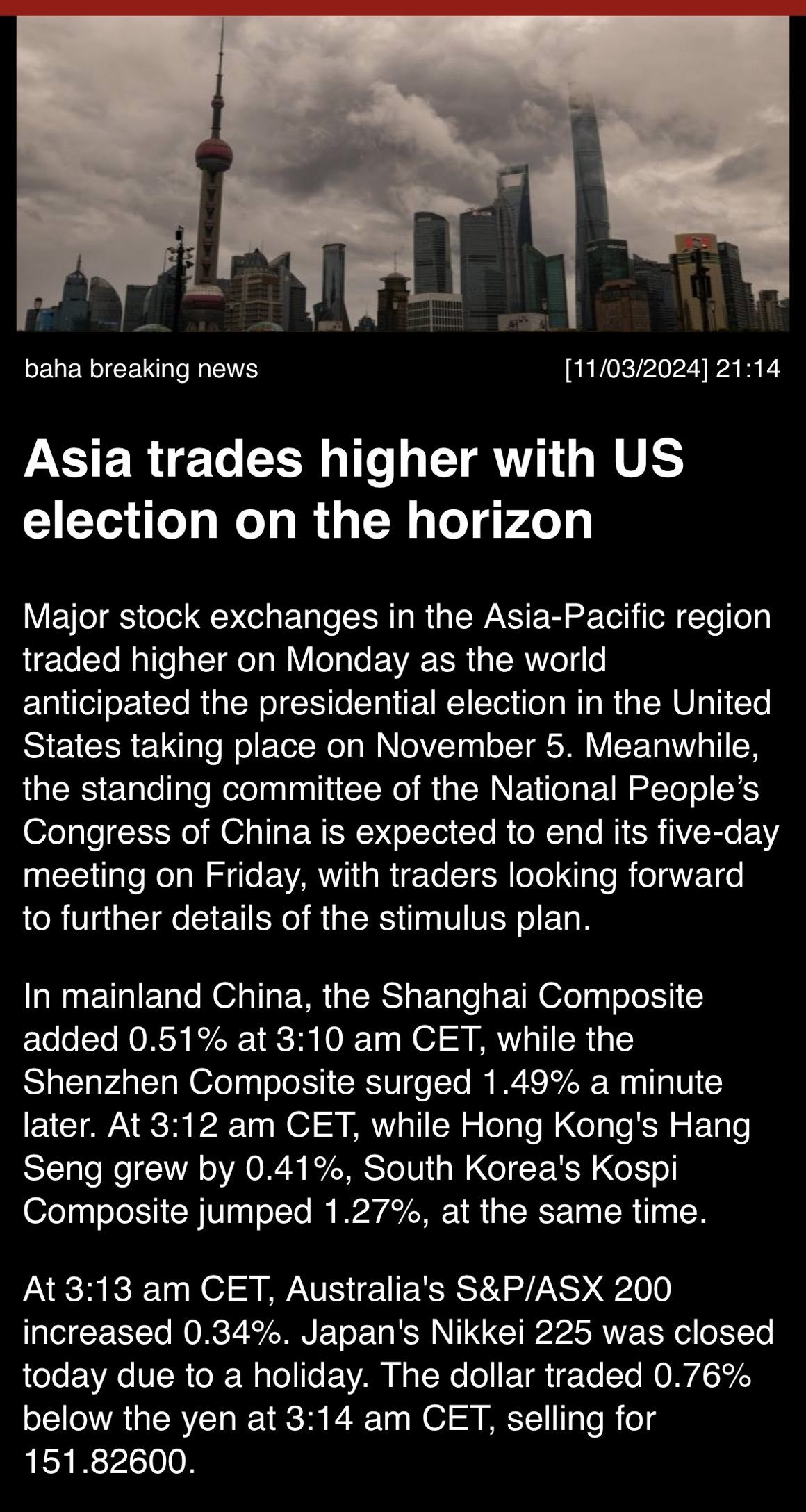 Asia trades higher with U.S. election on the horizon