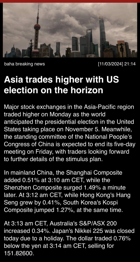 Asia trades higher with U.S. election on the horizon