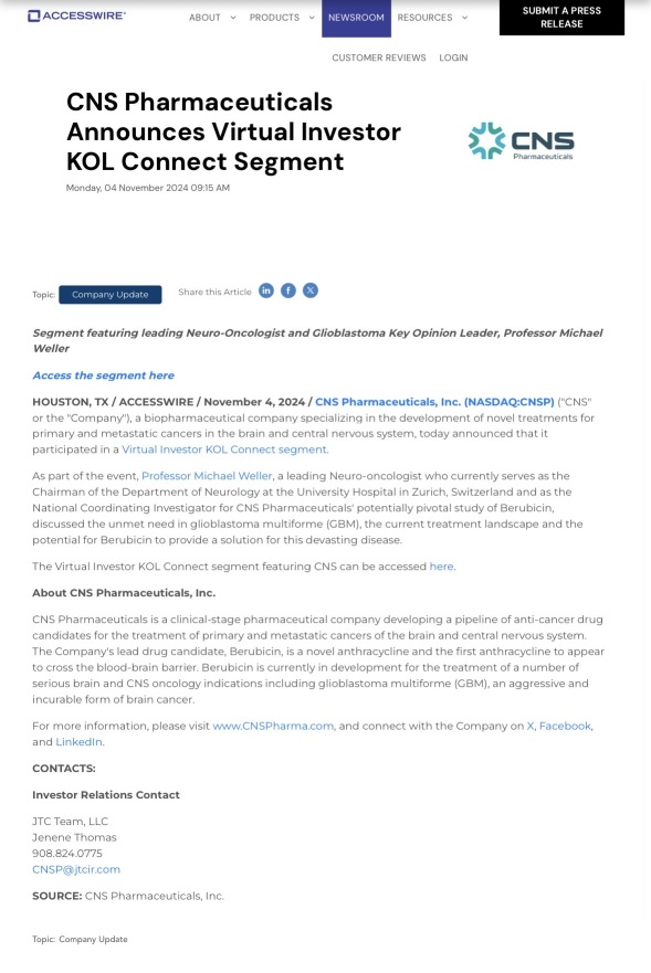 CNS Pharmaceuticals Announces Virtual Investor KOL Connect Segmemt.