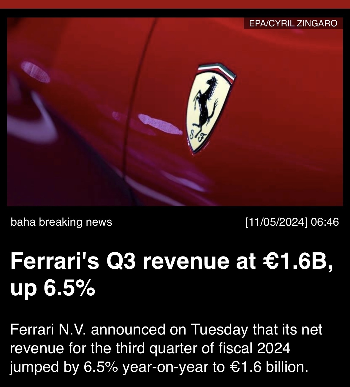 Ferrari’s Q3 revenue at €1.6B, up 6.5%