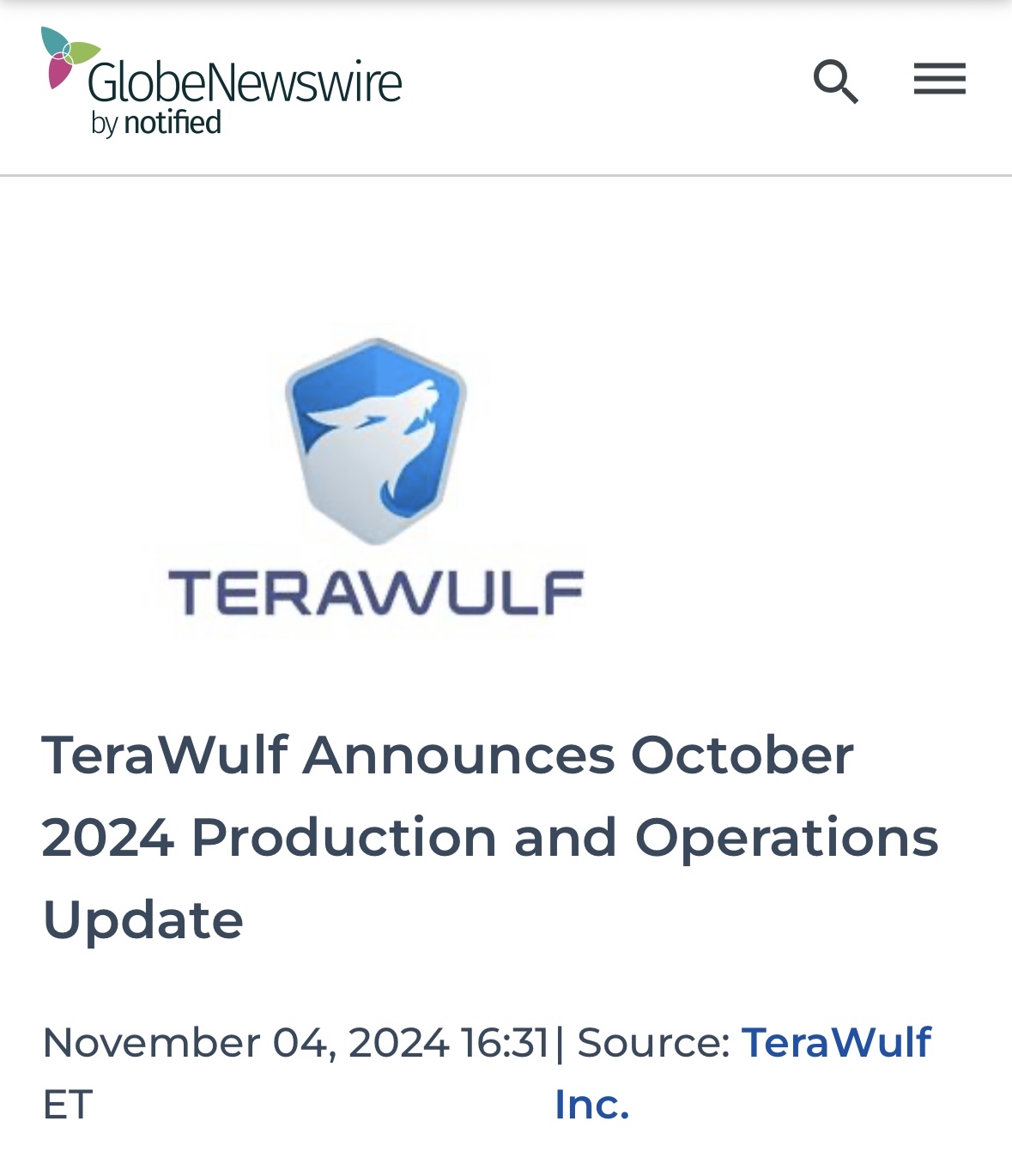 TeraWulfが2024年10月の生産と運用を発表