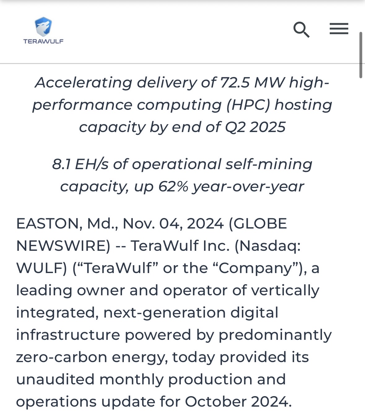 TeraWulfが2024年10月の生産と運用を発表