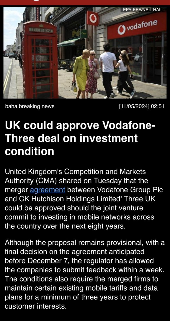 UK could approve Vodafone- Three deal on investment conditions…