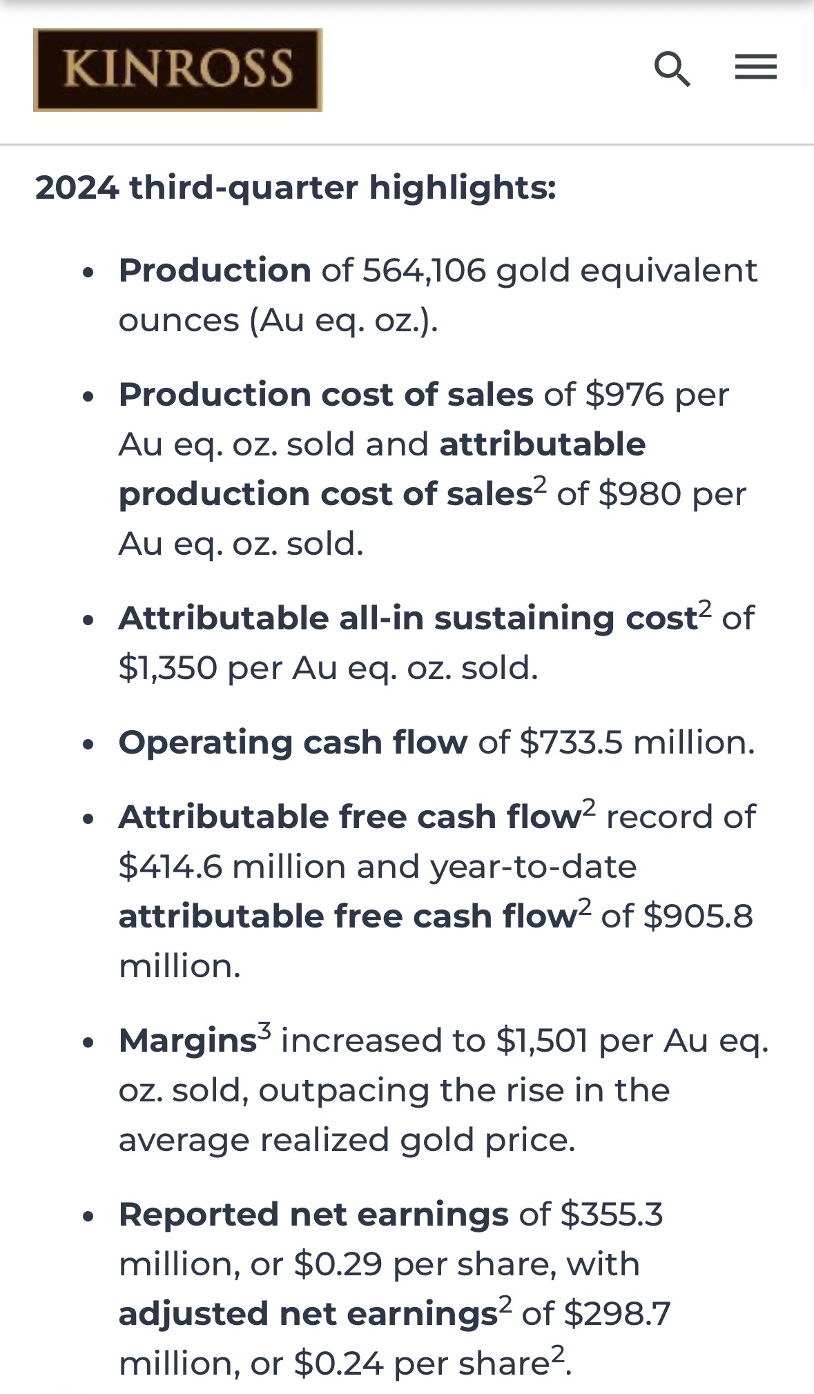 Kinross reports strong 2024 third-quarter results.