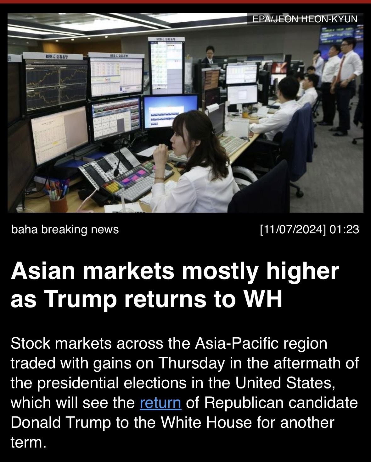 Asian Markets mostly higher as Trump returns to WH.