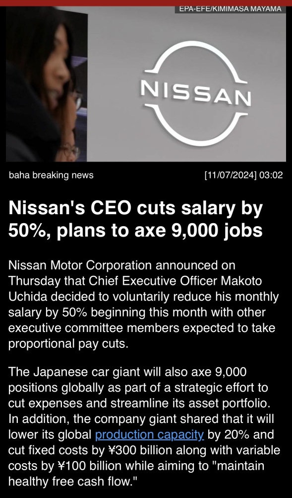 **日產第二季度營業收入減少了5%，降至193億......。日產CEO將薪酬削減50%，計劃裁減9,000個工作崗位。