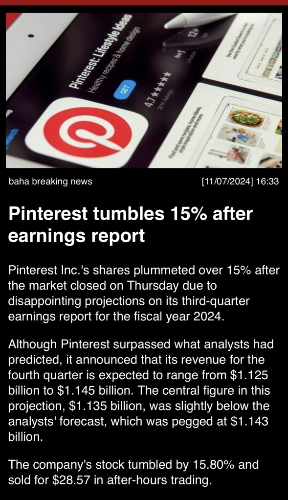 pinterest季报发布后暴跌15%。 🚨🚨