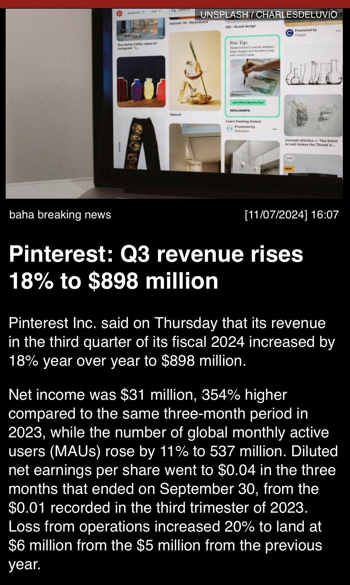 Pinterest: Q3 revenue rises 18% to $898 million.