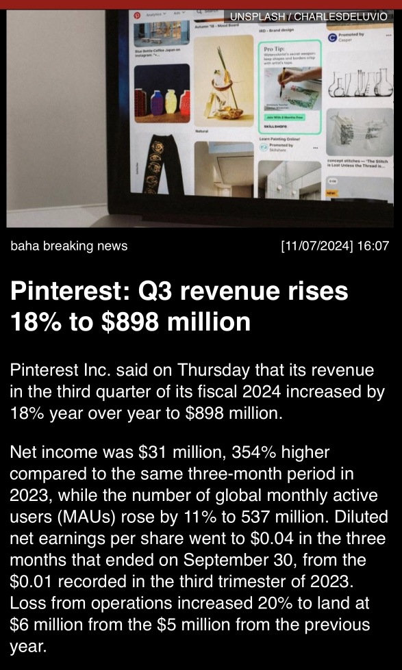 pinterest：第三季度营业收入增长18%，达到89800万美元。