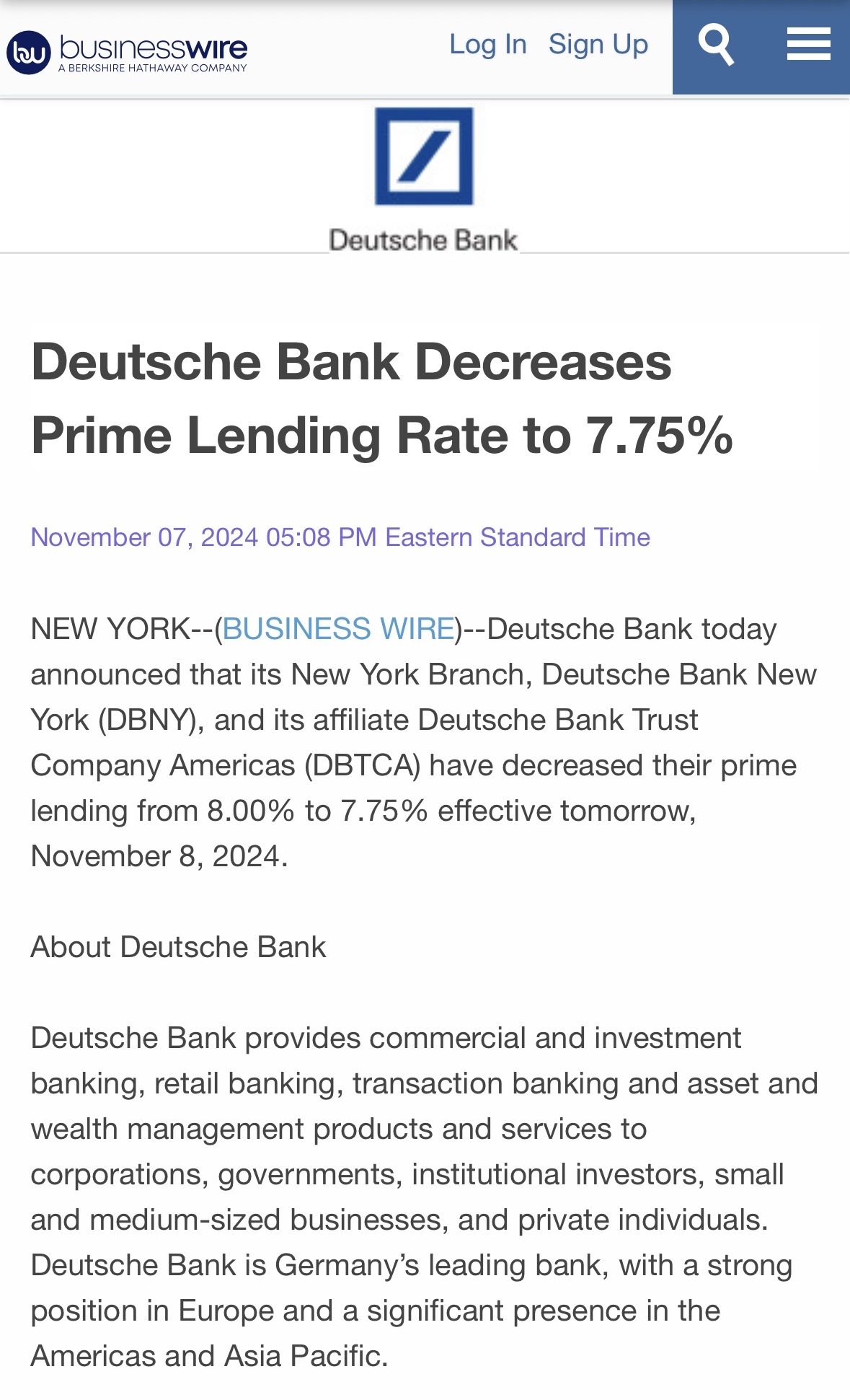 ドイツ銀行はプライムレンディングレートを7.75%に引き下げました