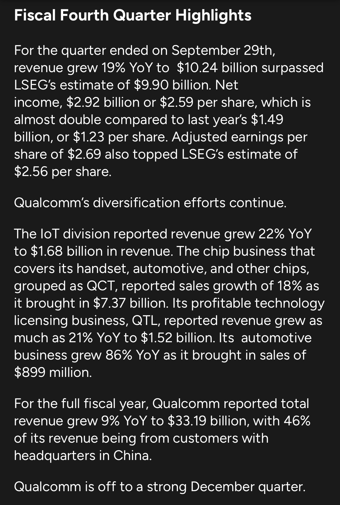 Qualcomm Delivers Upbeat Results That Show Diversification Efforts Are Working.