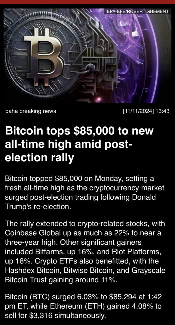 Bitcoin tops $85,000 to new all-time high amid post-election rally.