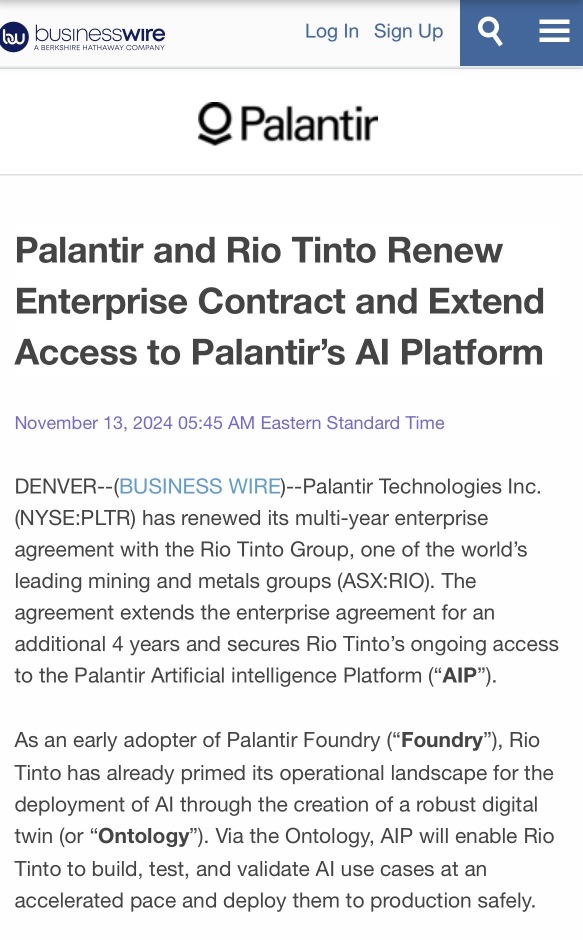 Palantir and Rio Tinto Renew Enterprise Contract and Extend Access to Palantir’s AI Platform