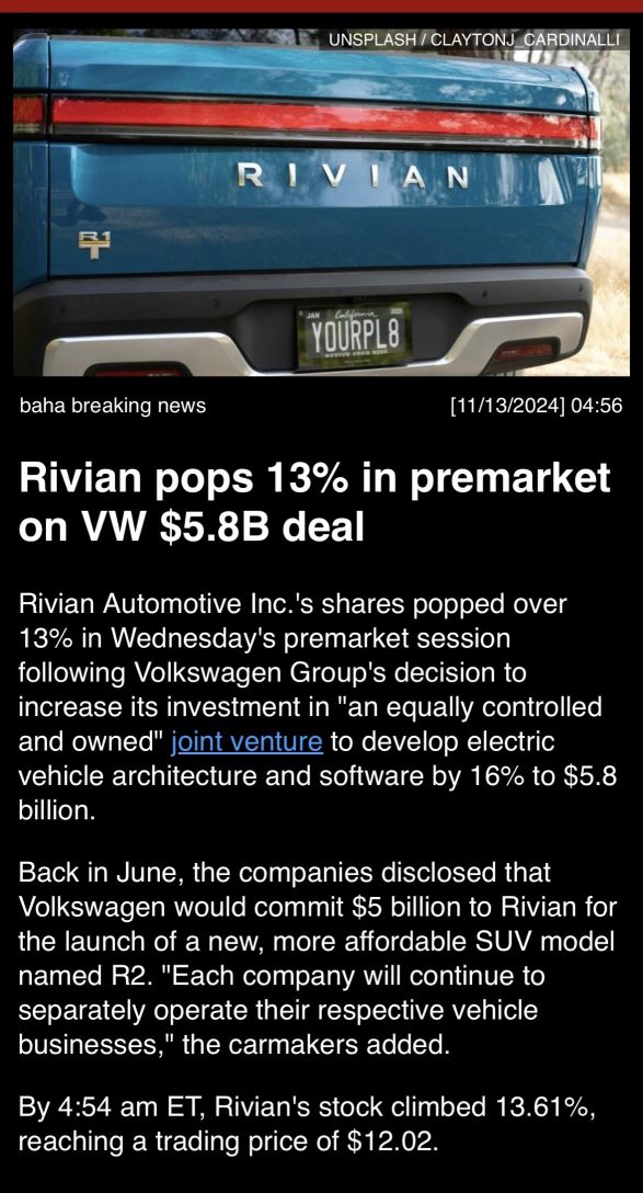 Rivian pops 13% in premarket on VW $5.8B deal.